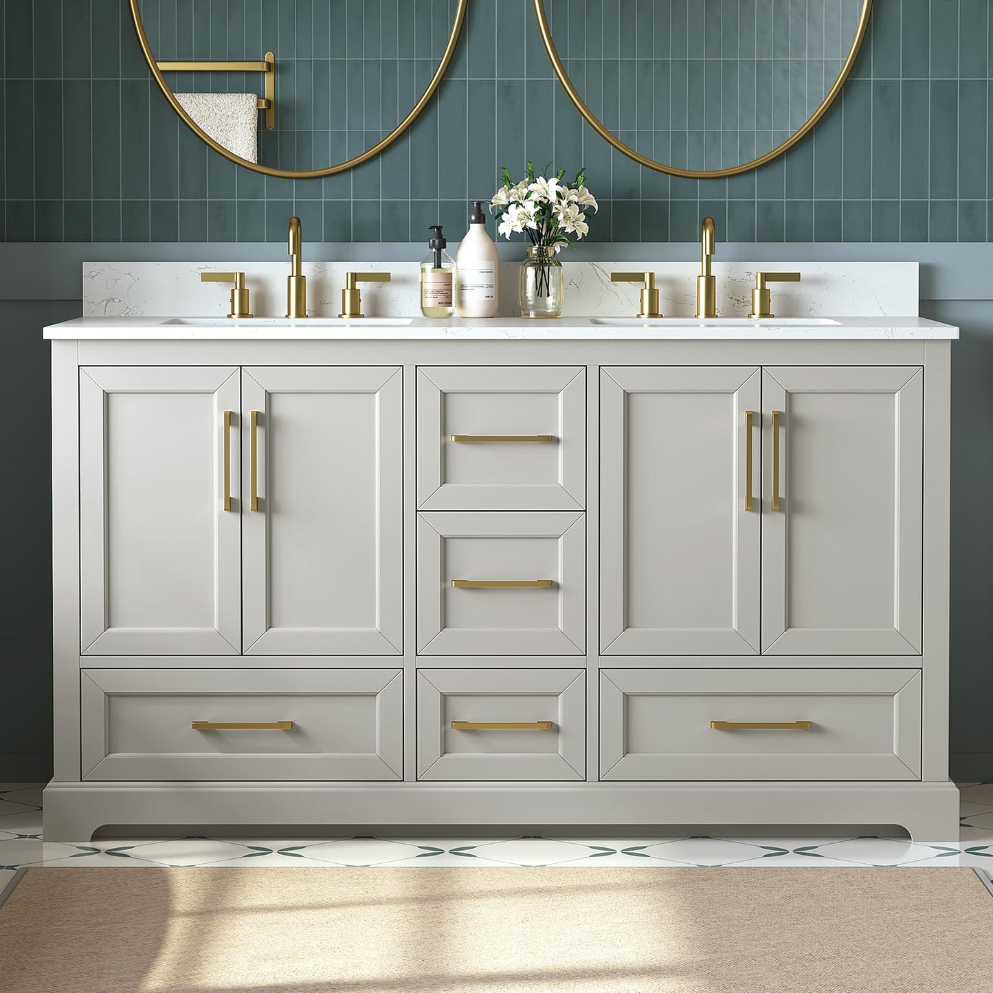 DELUXE LIVING 60 Inch Bathroom Vanity with Double Sink Combo, Solid Wood Frame with Mable Top &Backspalsh, Fully-Assembled with Soft-Closing Doors & 5 Drawers, Greige