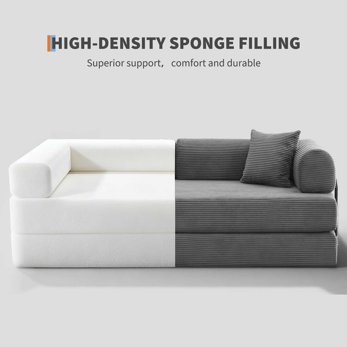 IDEALHOUSE 4 in 1 Convertible Sleeper Sofa Bed Couch, 79 Inch Boneless Corduroy Floor Couch with Pillows, No Assembly, Modern Deep Seat Sofa Futon Mattress for Living Room,Apartment,Gray