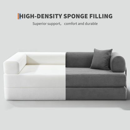 4 in 1 Convertible Sleeper Sofa Bed, 78.7" Boneless Corduroy Floor Couch with Pillows, Folding Futon Loveseat, Deep Seat Pull Out Sofa for Living Room, Apartment, Bedroom, No Assembly Required, Gray