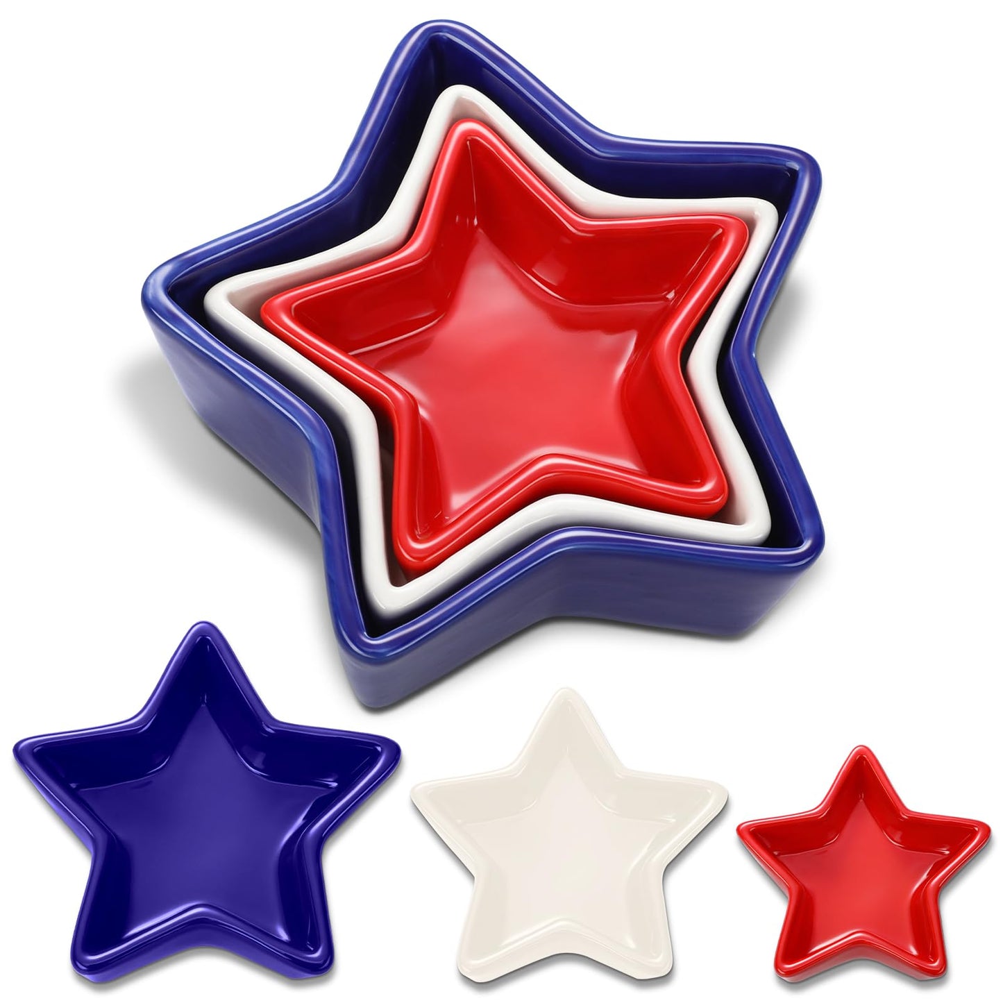 Yungyan 3 Pcs 4th of July Serving Bowls Red White Blue Patriotic Star Shaped Ceramic Nesting Prep Bowls Set 3-Size Serving Dishes for American Independence Day Memorial Day Summer BBQ Kitchen Dining