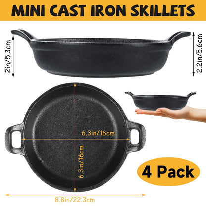 LDHHYH 4 Pack Mini Cast Iron Skillet, 6.3 x 6.3 x 1.5 Inch Small Cast Iron Frying Pan with Handle, Pre-Seasoned Cast Iron Skillet Set, Black Casserole Dish for Kitchen, Indoor, Outdoor, Picnic
