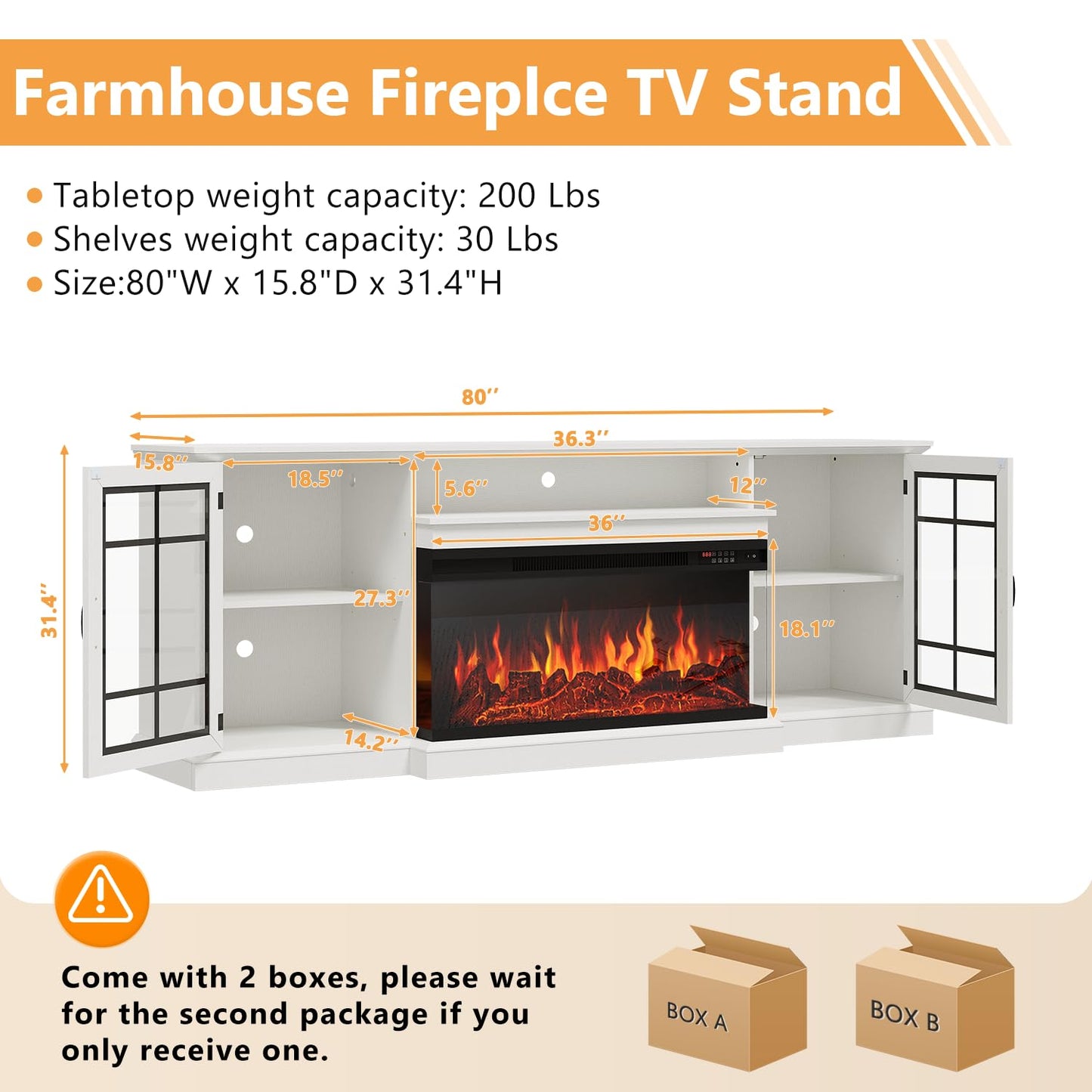 OneBlis 80" Fireplace TV Stand with 3-Sided Glass, TV Cabinet for TVs up to 90", Modern Media Entertainment Center with Farmhouse Glass Door Storage Cabinets, for Living Room, White