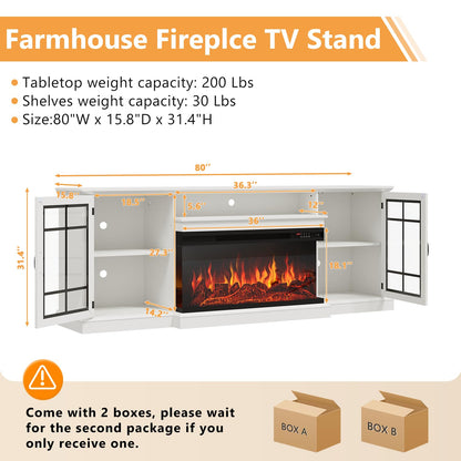 OneBlis 80" Fireplace TV Stand with 3-Sided Glass, TV Cabinet for TVs up to 90", Modern Media Entertainment Center with Farmhouse Glass Door Storage Cabinets, for Living Room, White