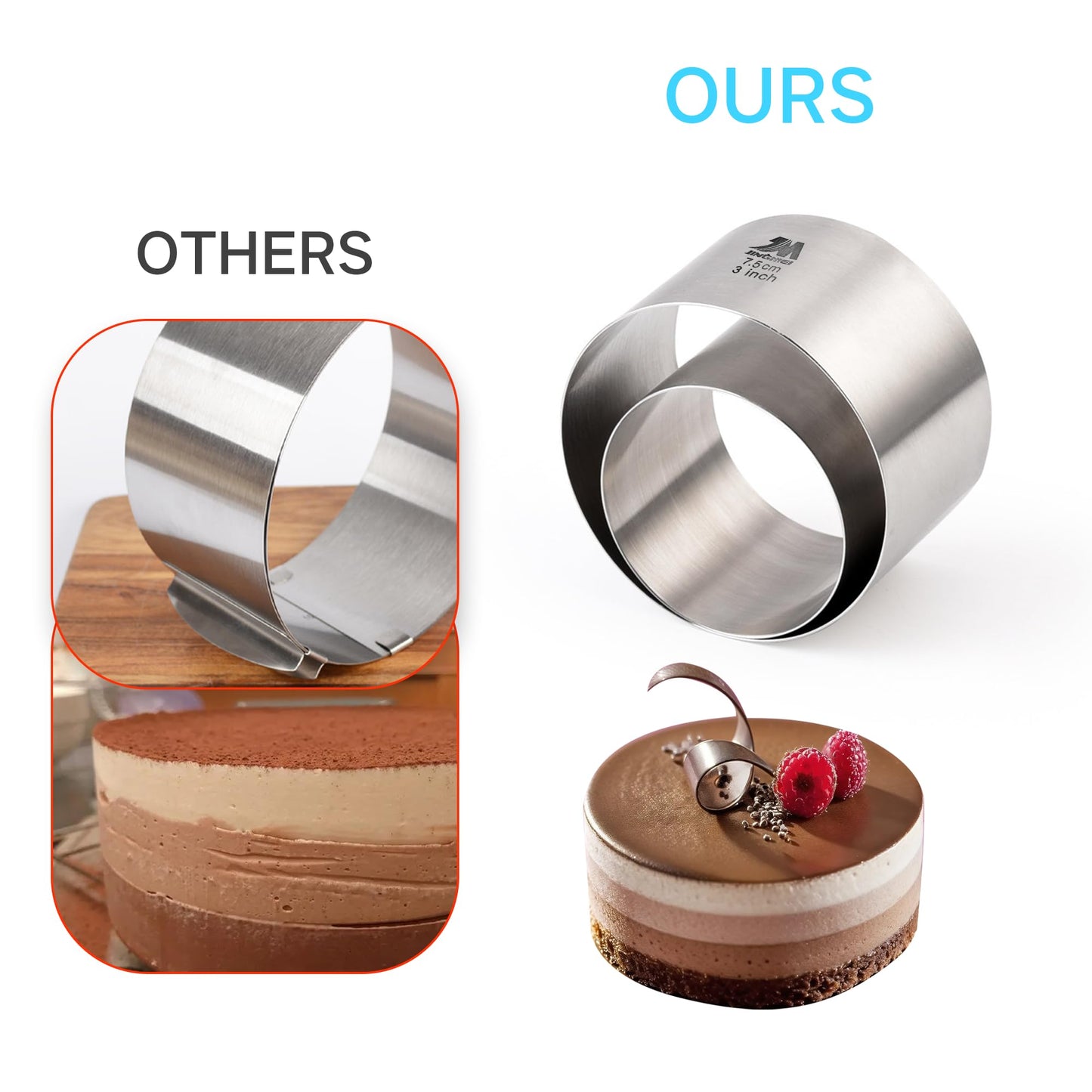 M JINGMEI 6 Pack Round Cake Ring Molds, Seamless Stainless Steel Cake Cutter with Pusher & Lifter, 3-Inch Dessert Mousse Rings for Baking (Includes 1 Pusher, 1 Lifter and 6 Rings)