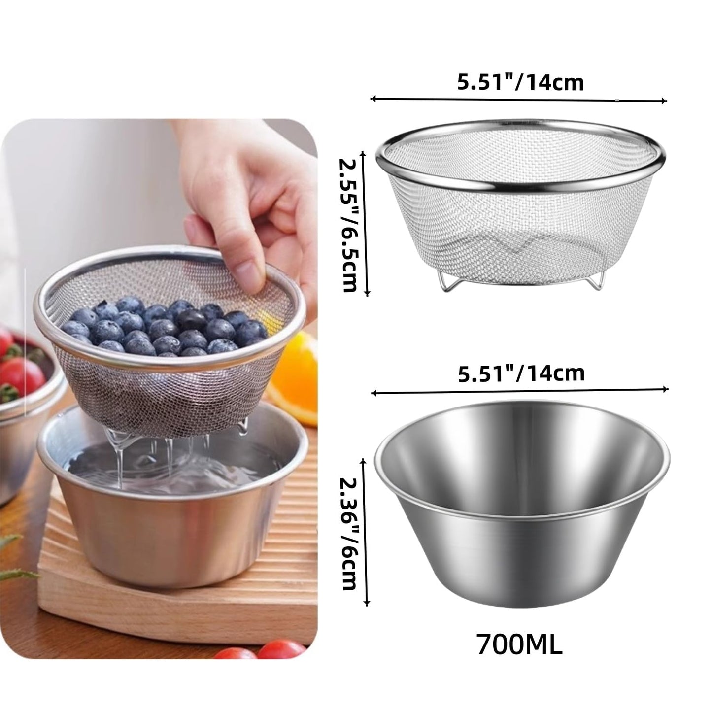2 Pcs Mini Colander with Small Mixing Strainer Bowl 304 Stainless Steel Berry Basket for Washing Fruits, Vegetables, Rice - Dishwasher-Safe Kitchen Strainer (Silver, 5.51 x 2.36 inches)