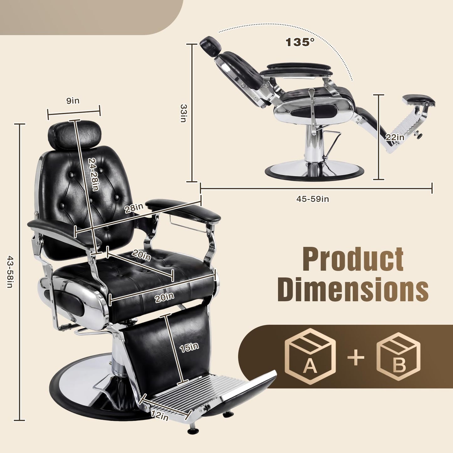 Oakvera Barber Chair, Heavy Duty Vintage Recline Hydraulic Barber Chair with Towel Bar, 360° Swivel All Purpose Professional Salon Chair Barber Shop Beauty Salon Shampoo Equipment, Black and Sliver