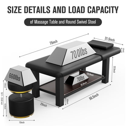 Ufurpie Adjustable Backrest Massage Table and Round Swivel Ottoman, Professional Massage Set, Heavy-Duty Spa Bed, 360° Adjustable Height Makeup Vanity Stool, for Salon Facial Physical Therapy, Black