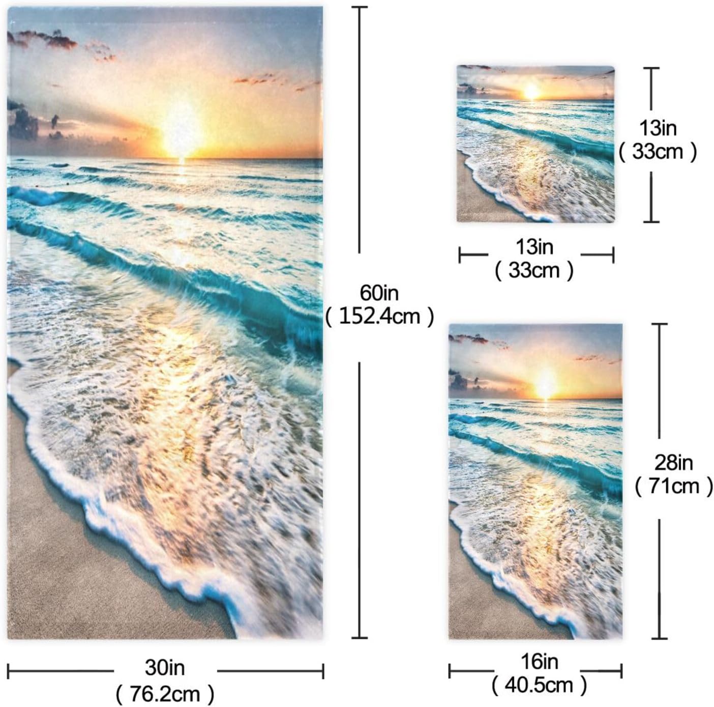 HATESAH Set,Soft Set 3 Piece,1 Towel,1 Towel,1 Beach Bath Towels Highly Absorbent Sea Ocean Waves Island Hawaiian