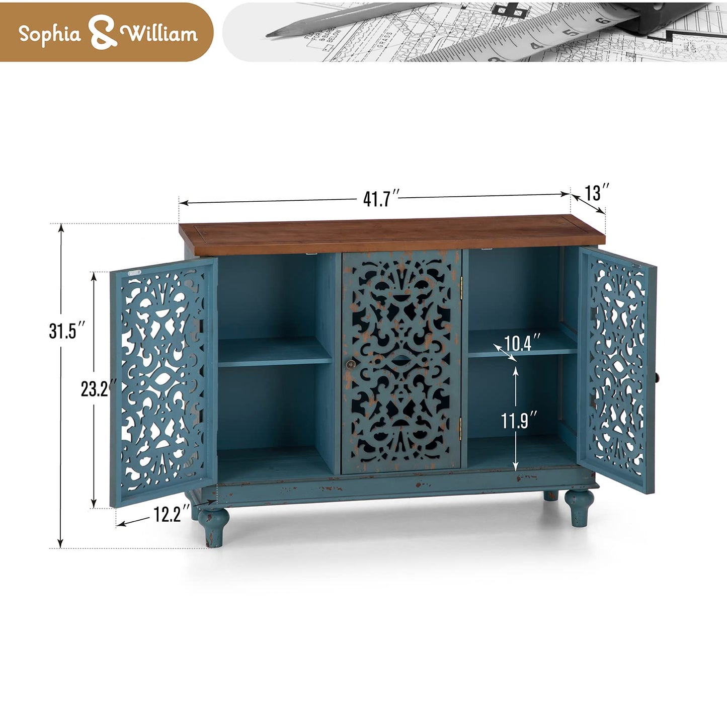 Sophia & William Sideboard Buffet Credenza Cabinet, 3-Door Hollow-Carved Accent Cabinet, Distressed Sideboard Storage Cabinet with Wood Veneer for Kitchen, Living Room, Dining Room, Entryway, Blue