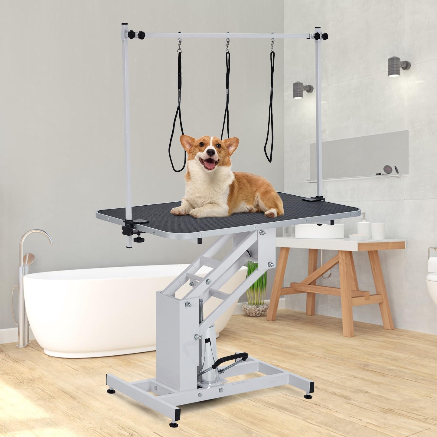 43.3-Inch Large Desktop Hydraulic Pet Grooming Table for Large Dogs with 350 LBS Loading Capacity - Heavy Duty Professional Dog Grooming Table with Non-Slip Desktop and 3 Adjsutable Nooses