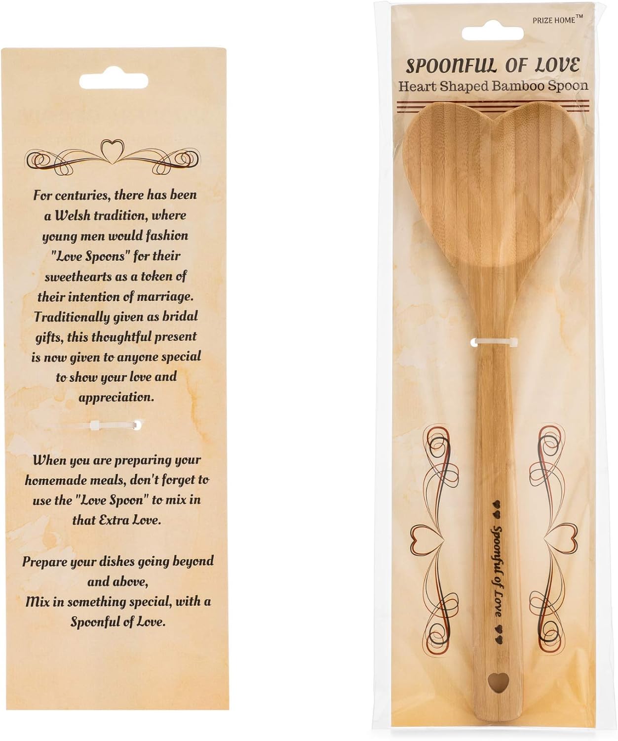 Heart Shaped Bamboo Spoon - Engraved Wooden Serving Mixing Spoon, Vintage Country Kitchen Utensil by PRIZE HOME