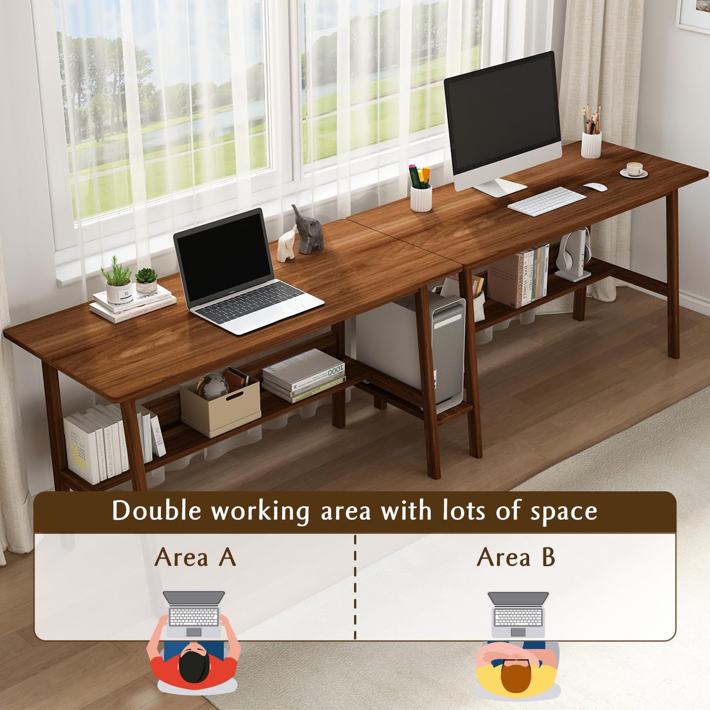 NELYE 2-Person Writing Desk with Bookshelf - 79" Wooden Extra Long Home Office Work Table, Double Study Computer Workstation with Storage Shelves in White, 79" W x 24" D