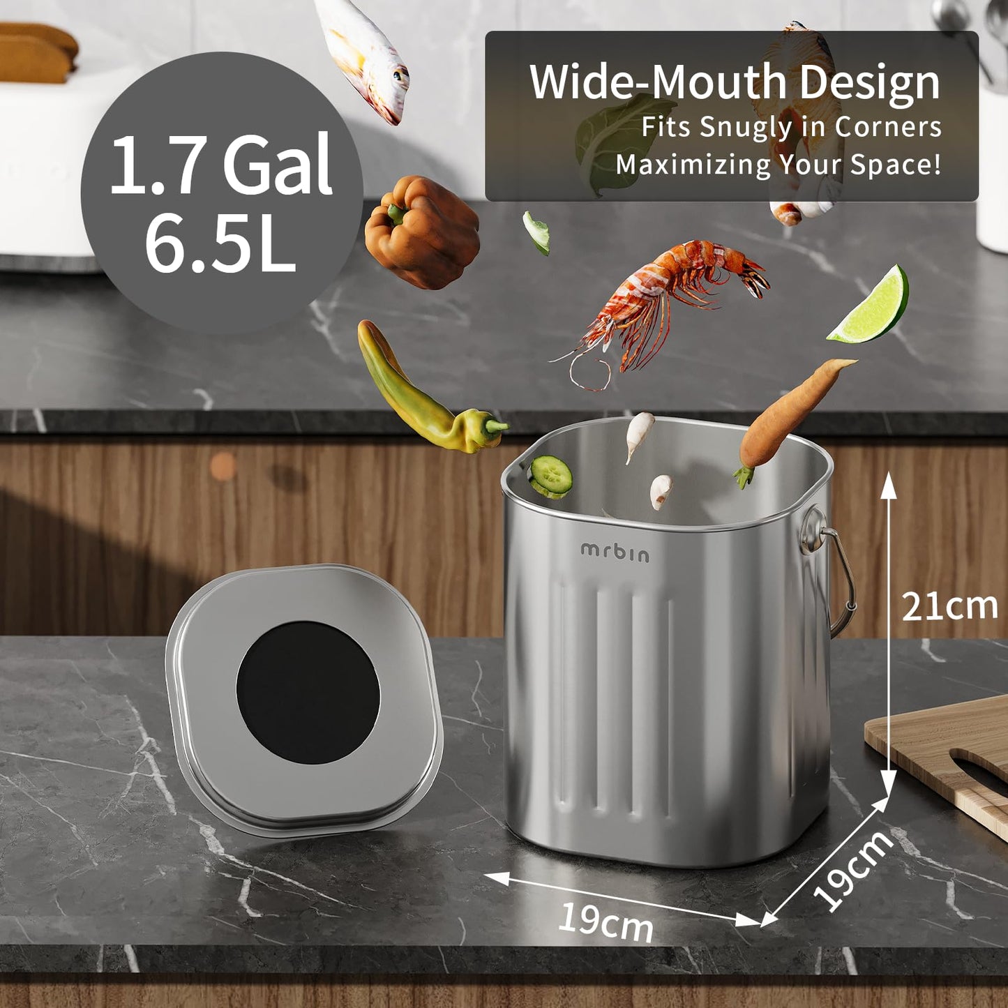 MRBIN Stainless Steel Kitchen Compost Bin Countertop Trash Can with Lid and Charcoal Filter, Metal Small Indoor Rubbish Dustbin for Food Waste Recycle
