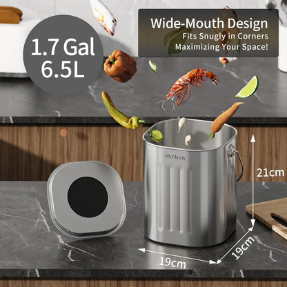 MRBIN Stainless Steel Kitchen Compost Bin Countertop Trash Can with Lid and Charcoal Filter, Metal Small Indoor Rubbish Dustbin for Food Waste Recycle
