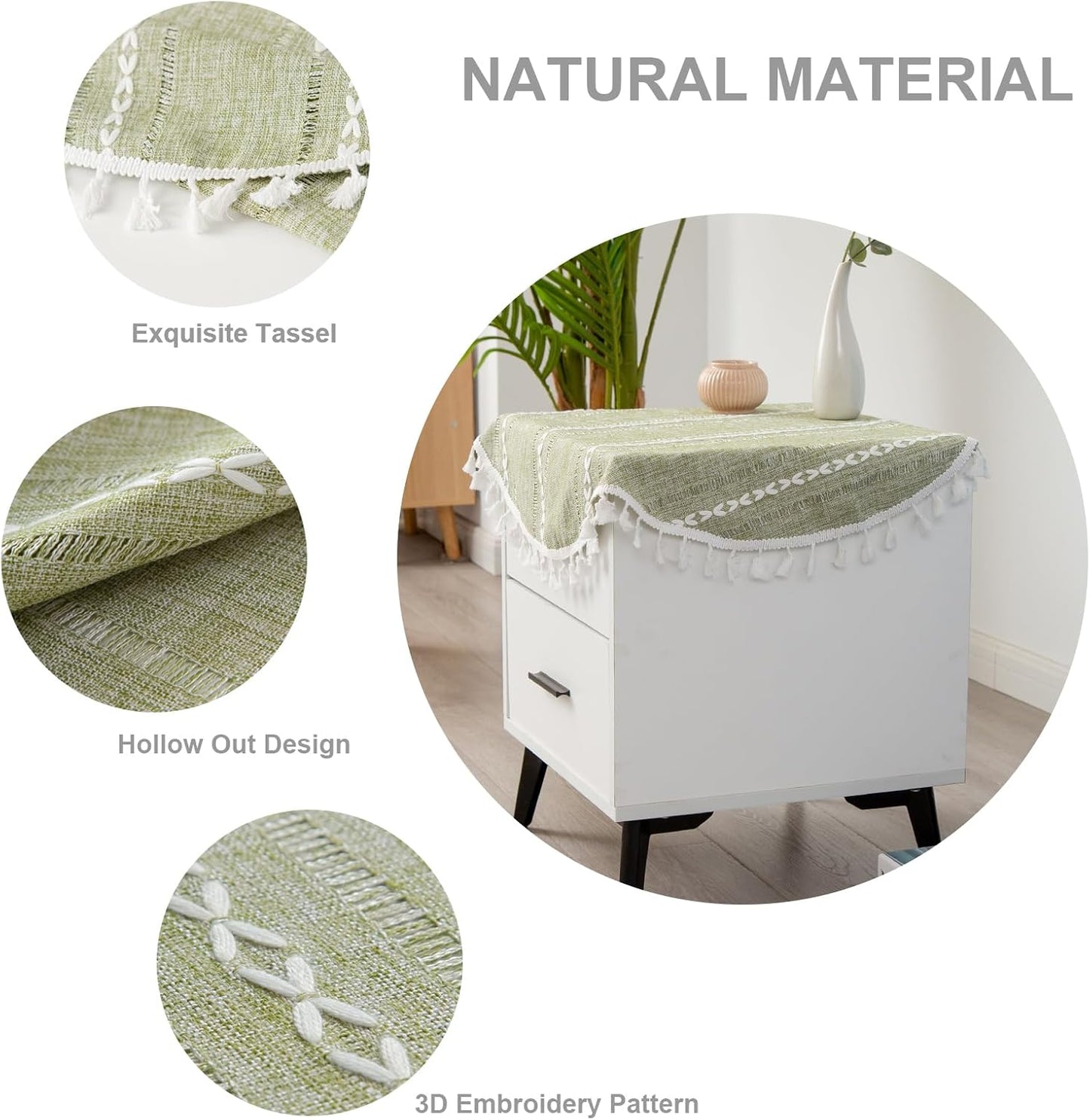 24 Inch Rustic Linen Bedside Round Small Tablecloth Striped Embroidered Washable Sage Green Table Cover Farmhouse