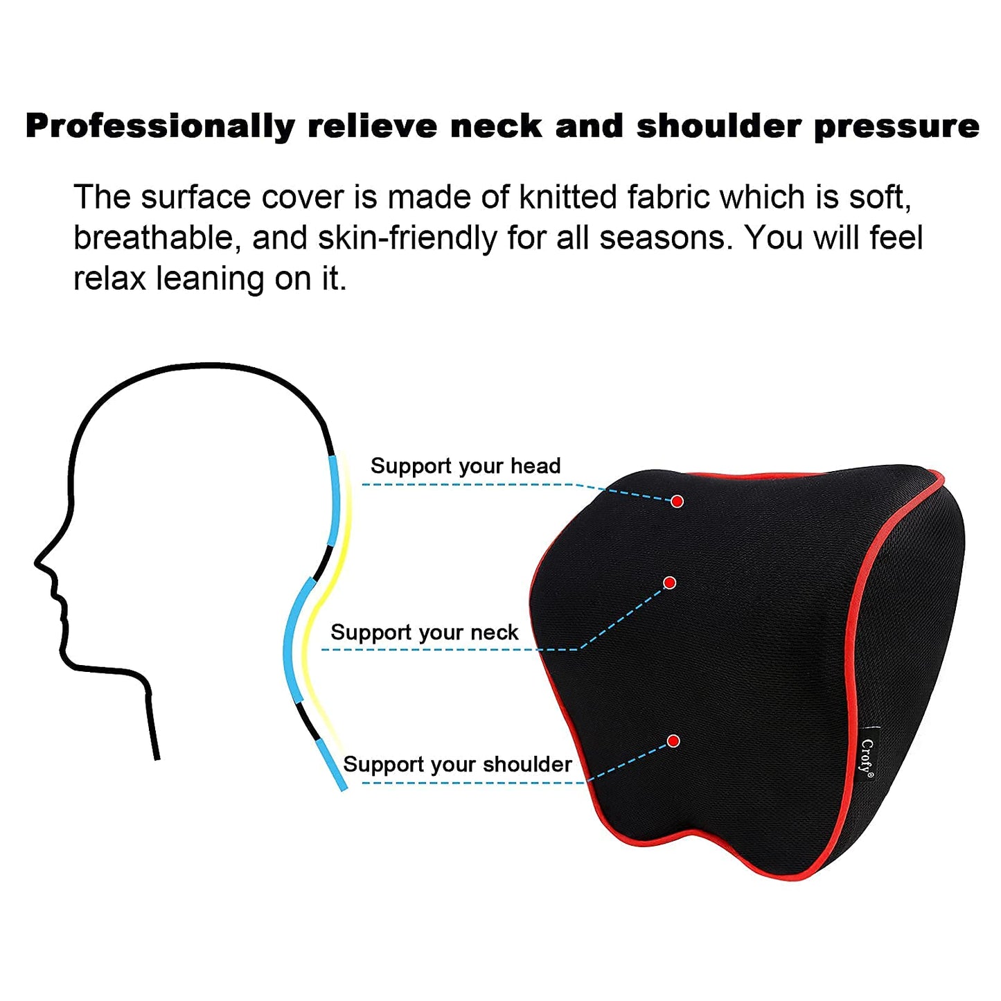 Crofy 2-Pack Car Neck Pillow, Softness Car Headrest Pillow for Driving with Adjustable Strap, 100% Memory Foam and Breathable Removable Cover, Comfortable Ergonomic Design, 4.7 Inches Thick