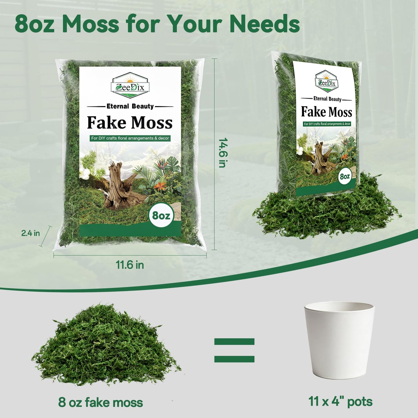ZeeDix 8 oz Fake Green Moss for Crafts, Artificial Moss for Indoor Potted Plants, Decorative Moss for Table Centerpieces, DIY Projects, Fairy Garden, Wedding & Christmas Party Decor