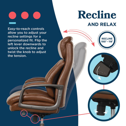 La-Z-Boy Nova Executive Office Chair - Ergonomic High Back Desk Chair with AIR Lumbar Support - Comfortable ComputerChair for Home Office - Vegan Leather - Cognac Brown