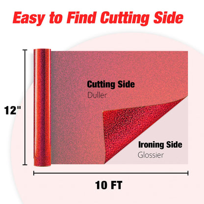 VinylRus Red Glitter HTV Heat Transfer Vinyl Roll-12 x 10ft Red Glitter HTV Vinyl for T-Shirt Clothing Bags,Glitter Iron on Vinyl for All Cutter Machine - Easy to Cut and Weed