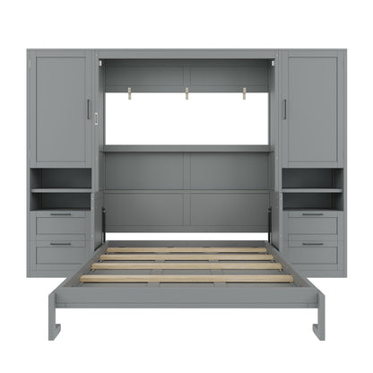 Merax Queen Size Murphy Bed with Desk, Multifunctional Foldable Wall Bed with Closet, Drawers and Shelves, Space-Saving Wood Platform Bed Frame for Small Spaces Studio Study Office Guest Room, Gray