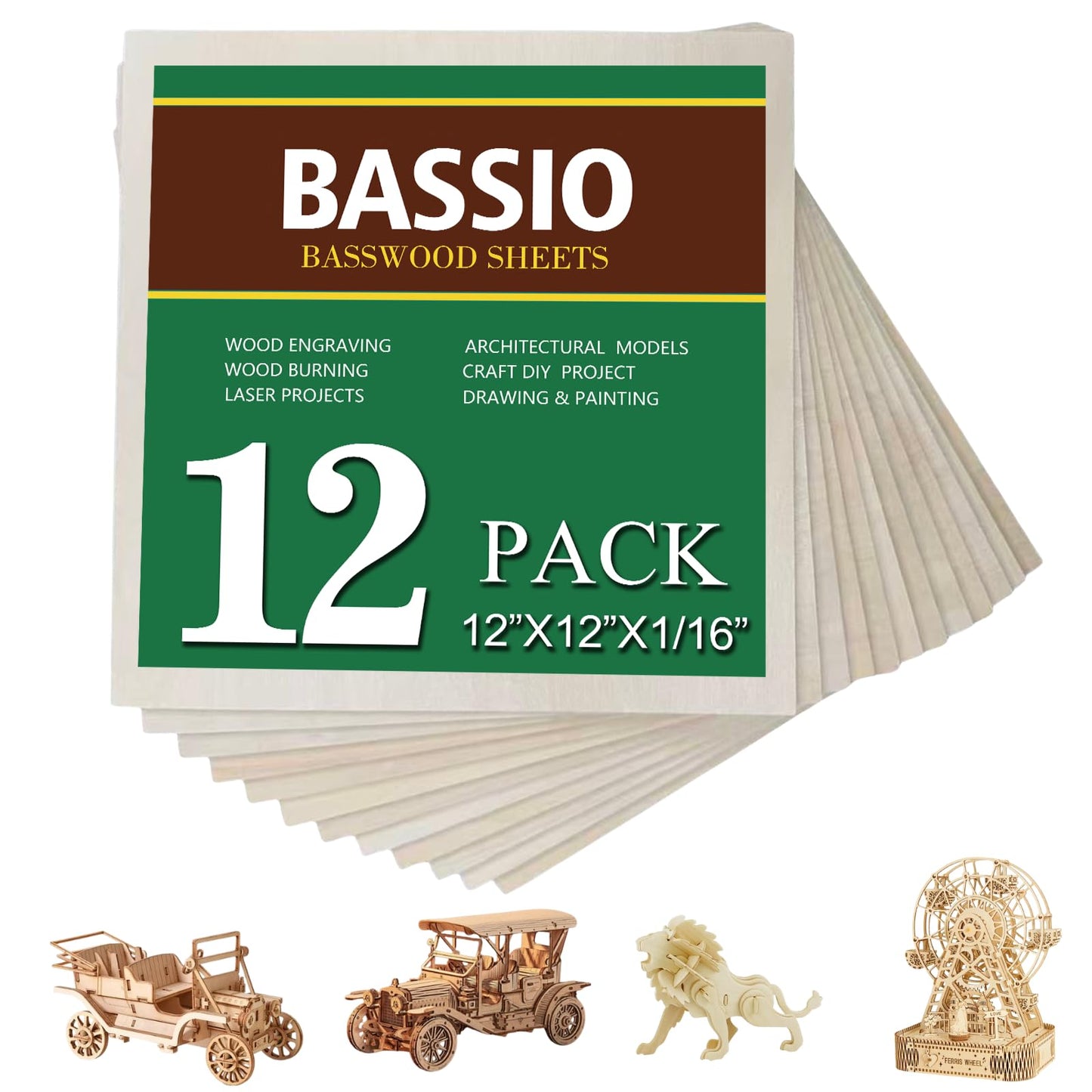 Basswood Plywood Sheets,12 Pack 12 x 12 x 1/16 Inch Unfinished Plywood Sheets for Laser Cutting,Engraving,Wood Burning,Drawing,Dollhouse,Diorama,Studio DIY & Party Decor