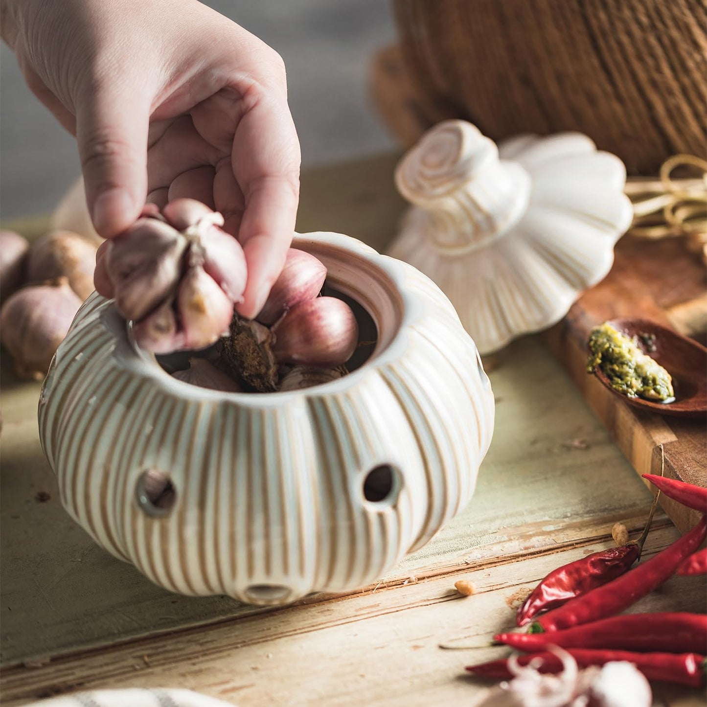 Cormomu Garlic Storage Pod Ceramic Garlic Keeper with Lid Large Garlic Container for Counter, White