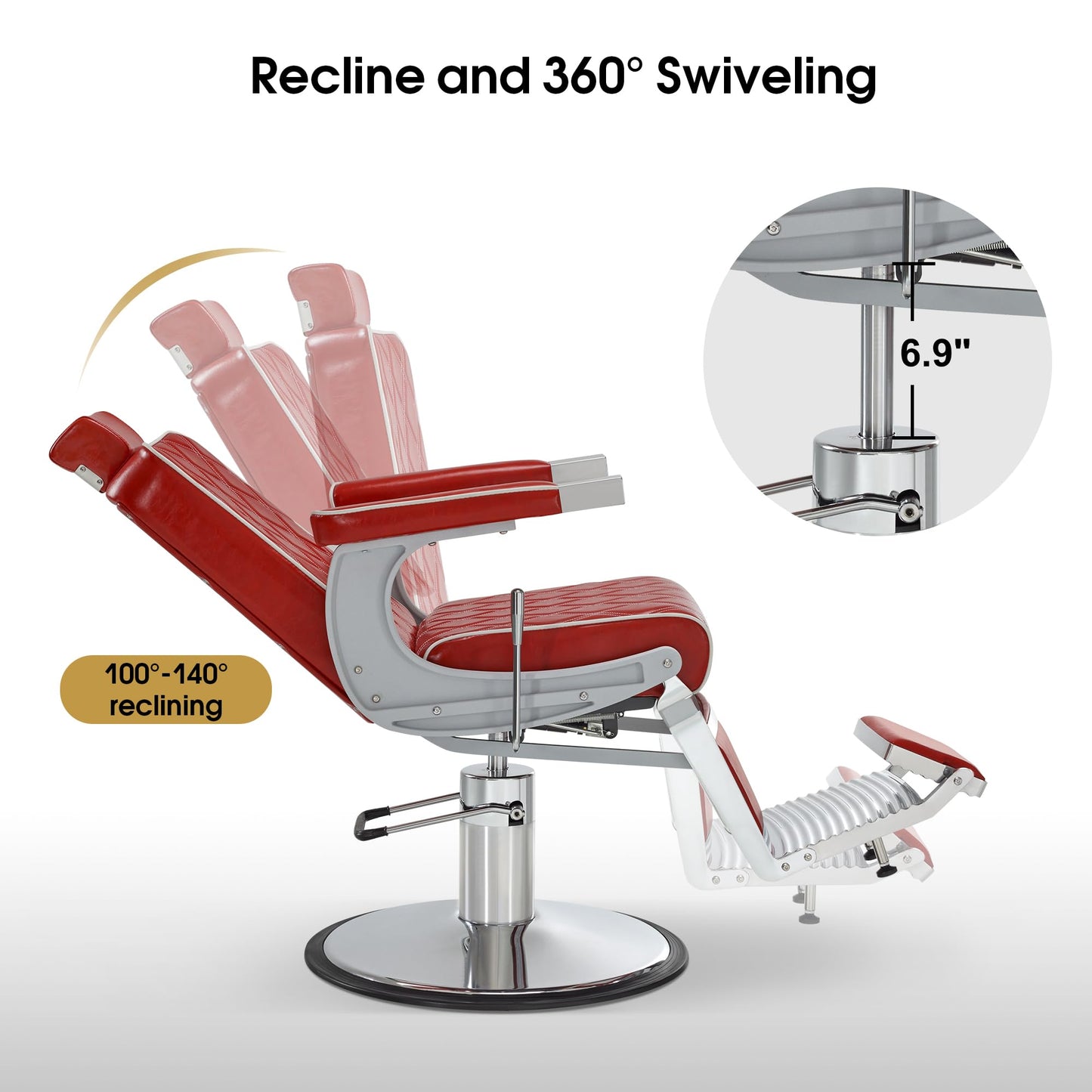 BarberPub Heavy Duty Metal Vintage Barber Chair All Purpose Hydraulic Recline Salon Beauty Spa Shampoo Equipment 3825 (Red with White Stitches)
