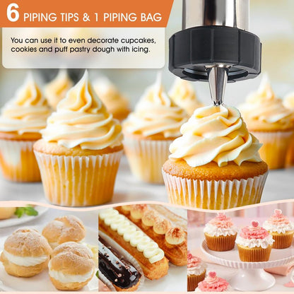 Churro Maker Machine, 21-Piece Stainless Steel Churro Gun Kit, Churros Maker Gun, Cookie Press Set, Hollow Churro, Spritz Cookie Press Gun with Piping Bag, Filler, 6 Tips, 9 Discs, 2 Brushes