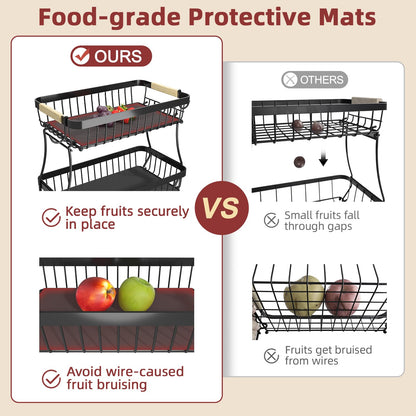 Sevenblue 2 Tier Large Fruit Basket for Kitchen Counter with 2 Mobile Banana Hangers, 2026 Pro Detachable Metal Fruit Bowl with Wooden Handle, Fruit Holder for Bread Snack Veggies with Protective Mats