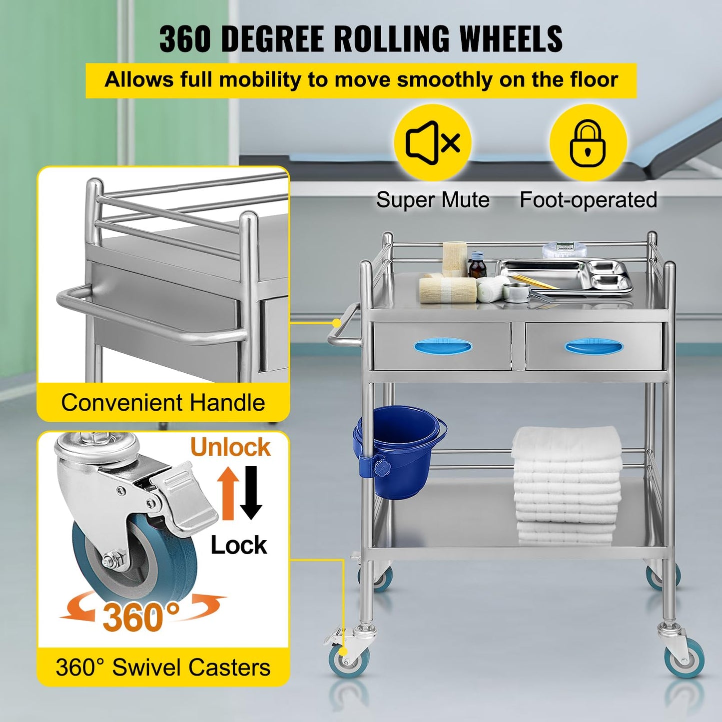 Happybuy 2-Tier Stainless Steel Medical Serving Cart, Utility Rolling Cart with Drawers, Lockable Wheels, Perfect for Laboratories, Hospitals, and Dental Clinics