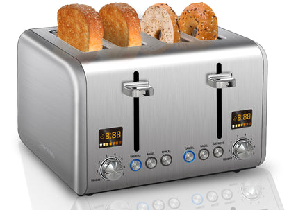 SEEDEEM 4 Slice Stainless Toaster - Color LCD Display, 7 Shade Settings, 1.5'' Wide Slots with Bagel/Defrost/Reheat Functions, Removable Crumb Tray, Silver Metallic, 1800W