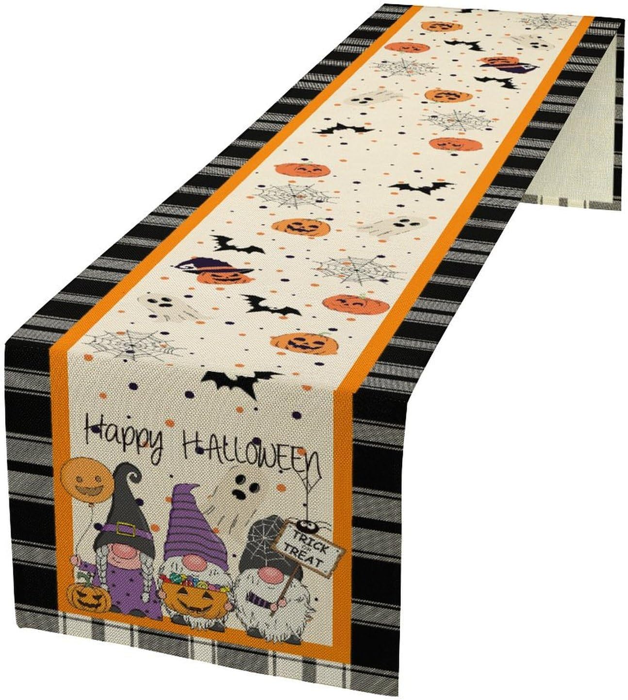 Nitmbi 13x72inch Halloween Table Runner,Buffalo Plaid Gnome Bat Pumpkin Ghost Pattern Retro Table Runner for Coffee