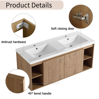 Trygoal Floating Bathroom Vanity, 48" Bathroom Storage Cabinet with Double Resin Sinks, 2 Soft-Close Doors & 4 Open Storage Shelves, Modern Wall-Mounted Vanity with 45° Bevel Handles, Oak