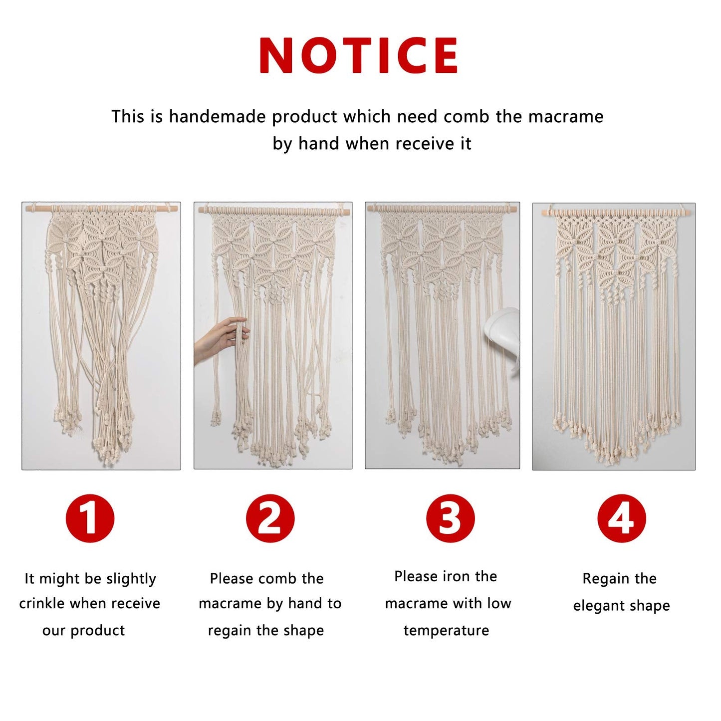 RLoncomix Macrame Wall Hanging Boho Art Hand Woven Geometric Tassel Chic Home Apartment Dorm Room Nursery Party Decoration, White, 16x30 Inches