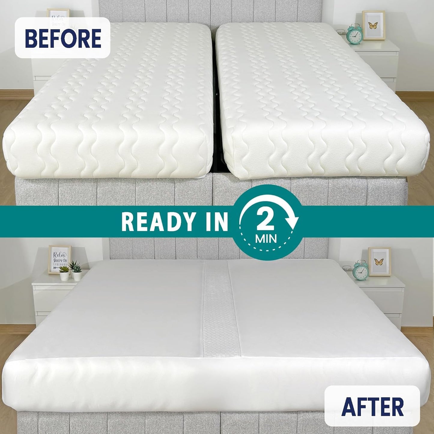 EPHEDORA 2-in-1 Fitted Sheet Attached Bed Bridge Twin (XL) to King Converter Kit | Split King Gap Filler for Adjustable Bed | White