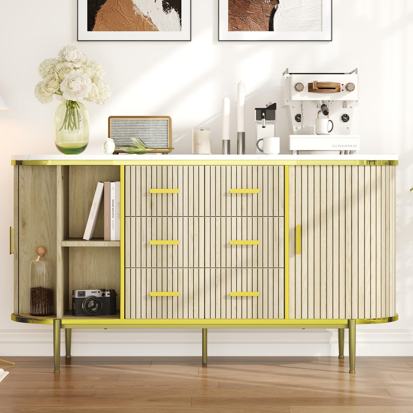 BouPower 59" Modern Fluted Sideboard Buffet Cabinet with Faux Marble Top, Record Player Stand Storage Cabinet with 2 Doors & 6 Drawers, Coffee Bar Console Table for Dining Room, Living Room, Kitchen