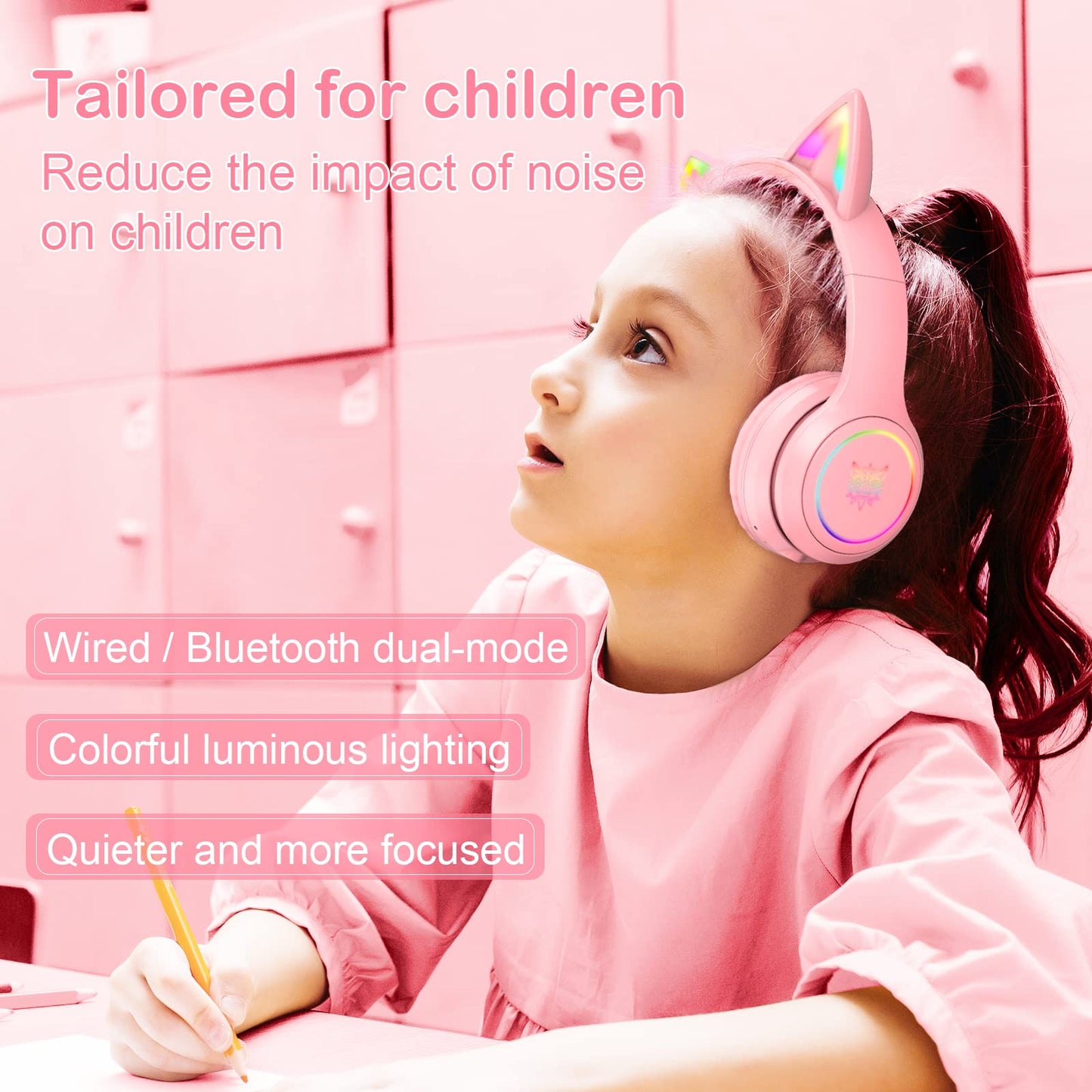SIMGAL Pink Bluetooth Cat Ear Headphones for Kids & Adults, Wireless & Wired Mode Foldable Headset with Mic - Clear Sound Quality - RGB LED Light, for Girls School Gaming, for Phone/Laptop/PC/Tablet