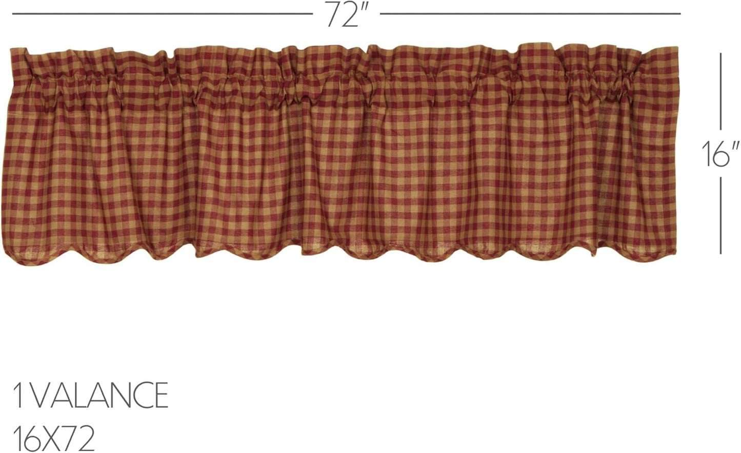 VHC Brands Burgundy Check Primitive Valance, 16"x72", Red Rod Pocket Cotton Kitchen Curtains