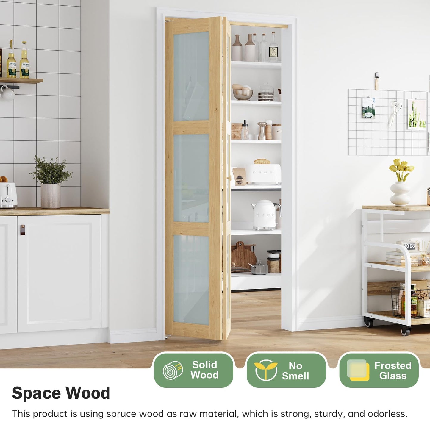 Roymelo Bifold Doors for 36"×80" Opening, Sliding Interior Tempered Frosted Glass Closet Folding Barn Door with Concealed Hardware Kit Included, 3-Panel Frosted Glass, Preassembled Door, DIY staining