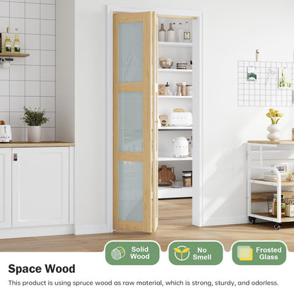 Roymelo Bifold Doors for 36"×80" Opening, Sliding Interior Tempered Frosted Glass Closet Folding Barn Door with Concealed Hardware Kit Included, 3-Panel Frosted Glass, Preassembled Door, DIY staining