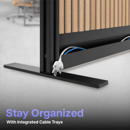 Room Divider for Office Privacy – Modular Freestanding Acoustic Office Partition with PET Sound Dampening Panels and Faux-Wood Slats, 70” x 70”, Grove Sound Dampening Wall, Black Frame, Easy Assembly
