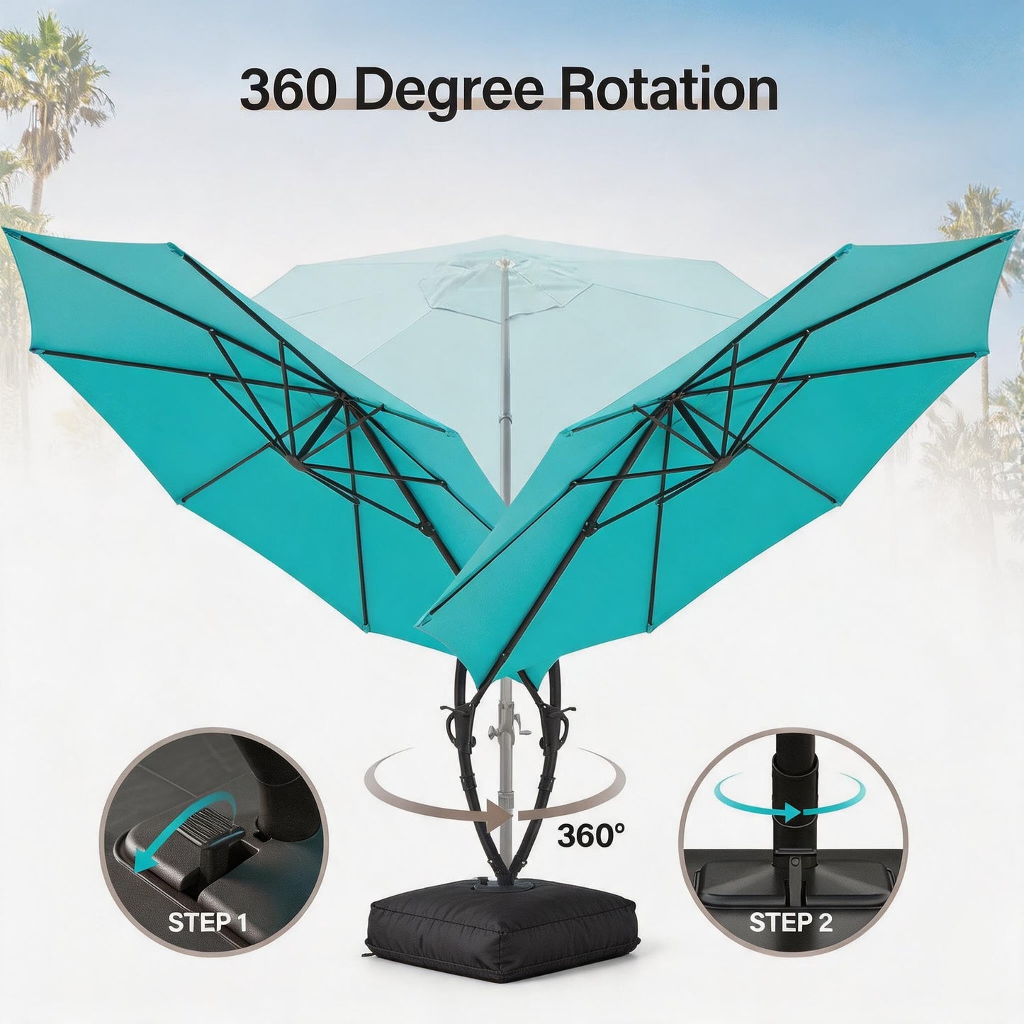 LAUSAINT HOME Outdoor Patio Umbrella with Base, 12 FT Deluxe Curvy Cantilever Umbrella Heavy Duty Offset Hanging Umbrella with 360° Rotation for Market, Pool, Garden, Backyard, Deck (Turquoise Blue)