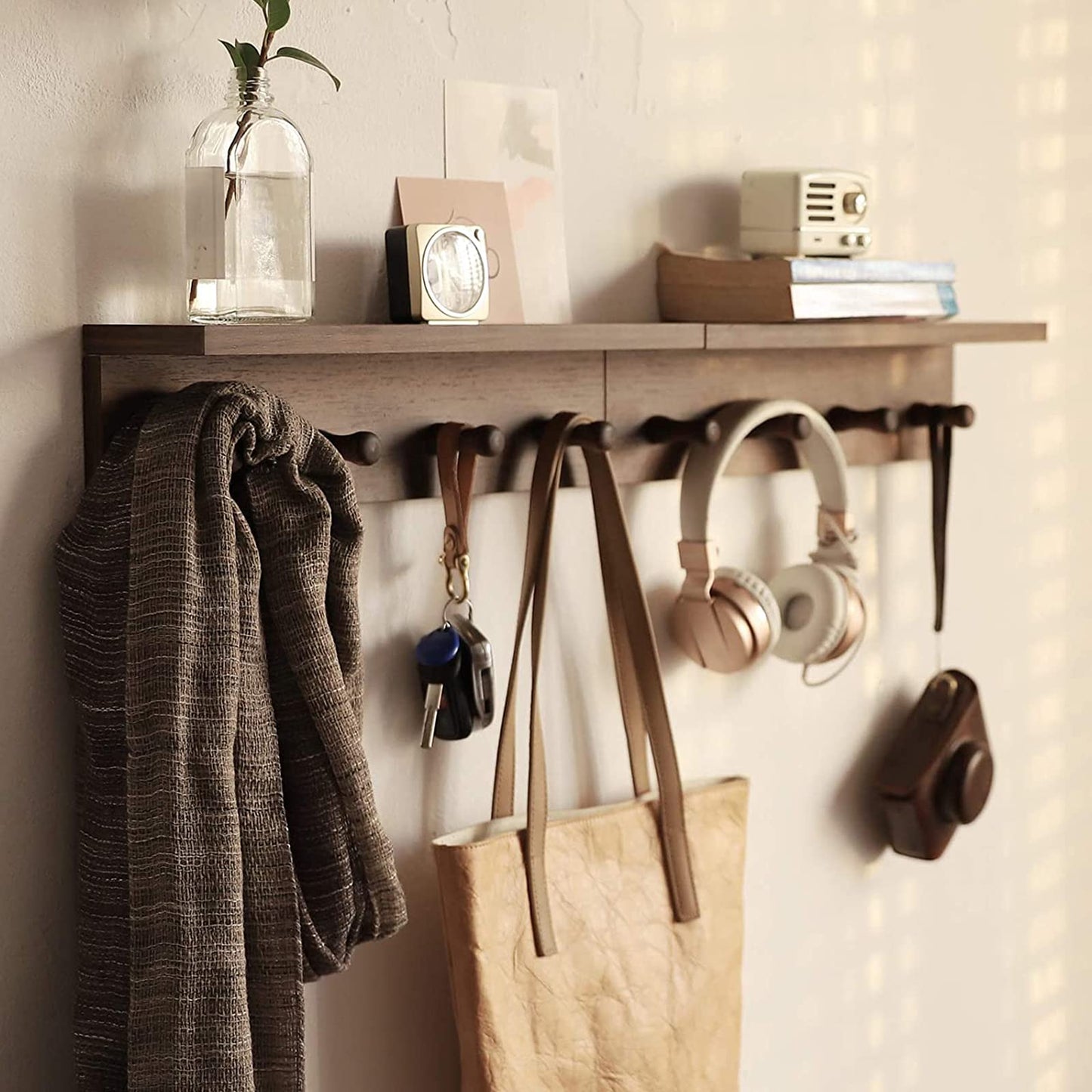 XAOMLP Entrance Coat Rack ，Coat Hooks, Wall-Mounted Wooden Hook Rack, Wall-Mounted Shelves are Very Suitable (Walnut Color Finish—A-1)