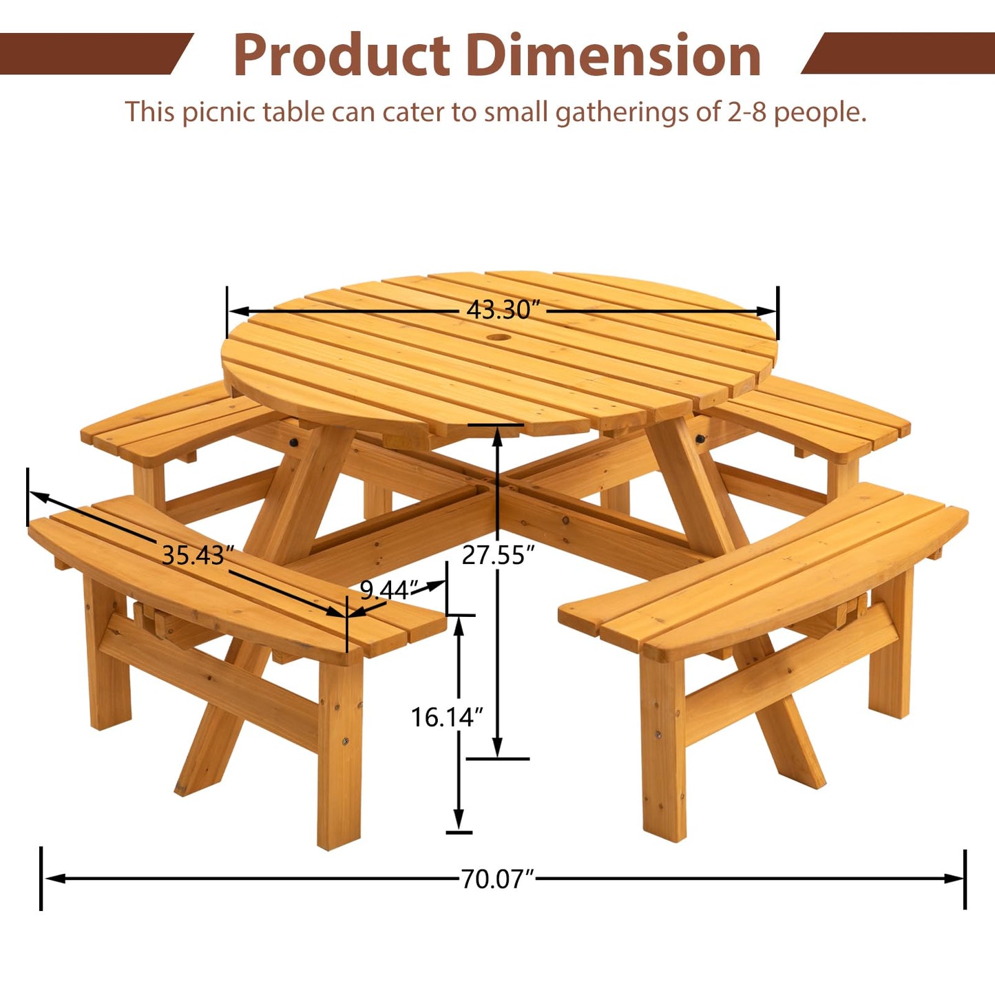Jaxilyn 8-Person Round Wooden Picnic Table with Seat, Outdoor Camping Dining Table with 4 Built-in Benches, Natural