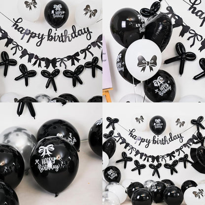 Skiennix Black Bow Birthday Decorations - Coquette Party Set with Happy Birthday Banner & Heart Foil Balloons