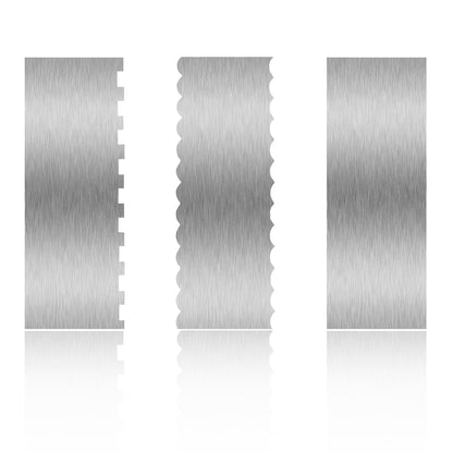 3 Piece 9 Inch Stainless Steel Cake Scraper, Cream Cake Scraper Sided Patterned Edge Stripe Edge Smoother Scraper Cake Smoother Frosting Scraper Cake Decorating Comb for Mousse Butter Cream