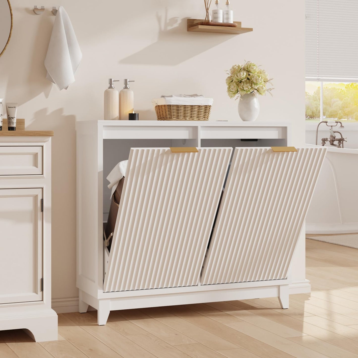 Double Tilt Out Trash Can Cabinet with Odor Control, Outlets, Fluted Trash Cabinet 13 Gallon Hidden Bin Storage, Modern Kitchen Cabinet with Soft-Close Door, Laundry Hamper Cabinet for Bathroom