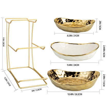 MEIGLQEA 3-Tier Gold Fruit Bowl & Tray with Metal Stand - Ceramic White, Triple Layer for Snacks, Nuts, Bread & Candy Storage