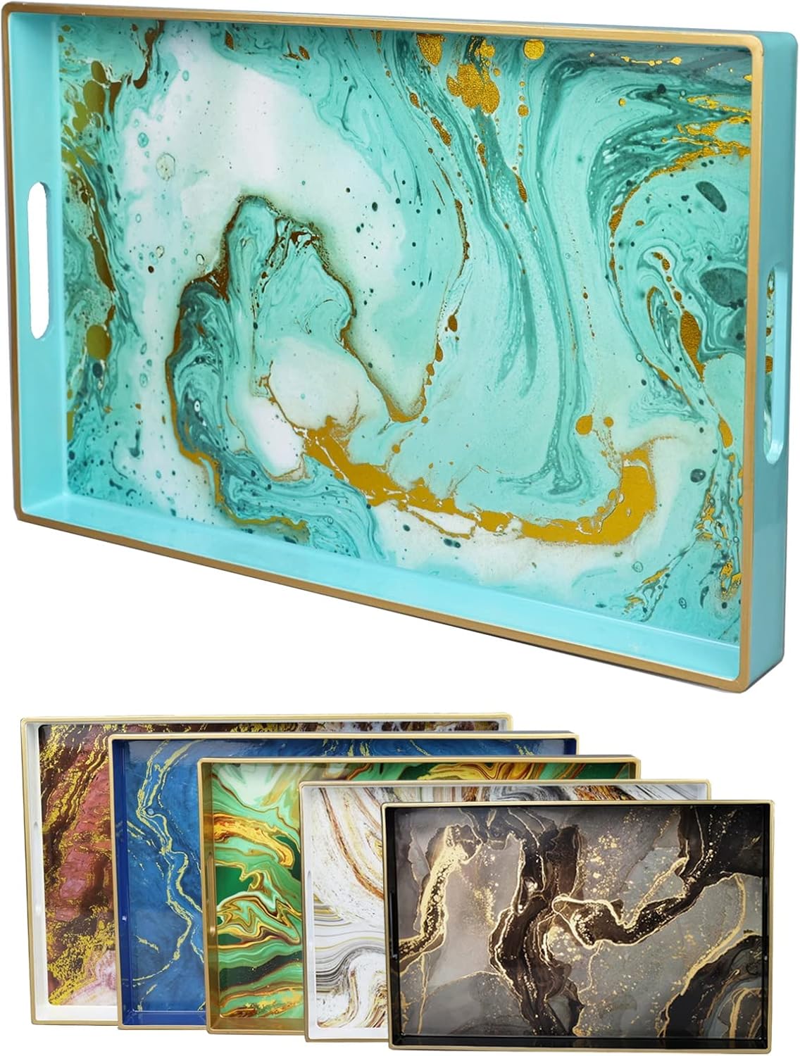 15.7"* 10.2"* 1.38" Turquoise Marbling Decorative Tray with Handles, Morden Plastic Rectangular Serving Tray for Coffee