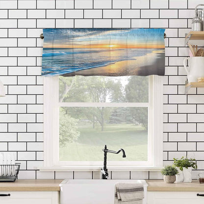 Hostline Sunset 42"x18" Valances Curtains for Living Room Beautiful Seascape Waves and Beach Semi Sheer Valance